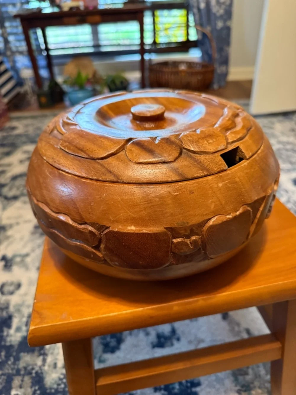 Hand Carved Vintage Wooden Lidded Bowl - Island Motif - READ description